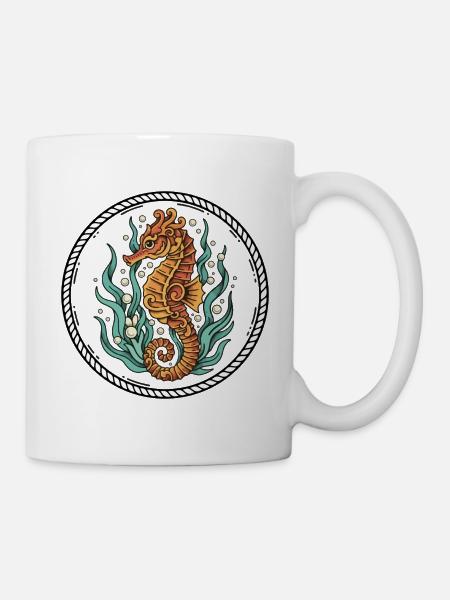 Seepferdchen-Seetang-Retro-Tattoo-Abzeichen - Tasse - Weiß