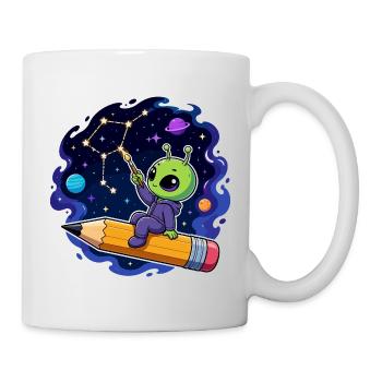 Alien auf Bleistift im Sternenhimmel - Tasse - Weiß - Rechts