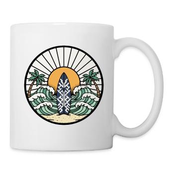 Surfboard Palm Trees Waves Ocean Badge Retro - Mug - white - Right