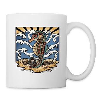 Seahorse Ocean Waves Sun Retro Tattoo - Tasse - Weiß - Rechts