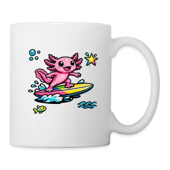 Pink Axolotl Surfer auf buntem Surfbrett - Tasse - Weiß - Rechts