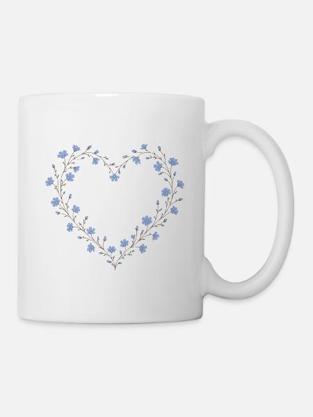 Herz Blaue Blumen Personalisierbar - Tasse - Weiß