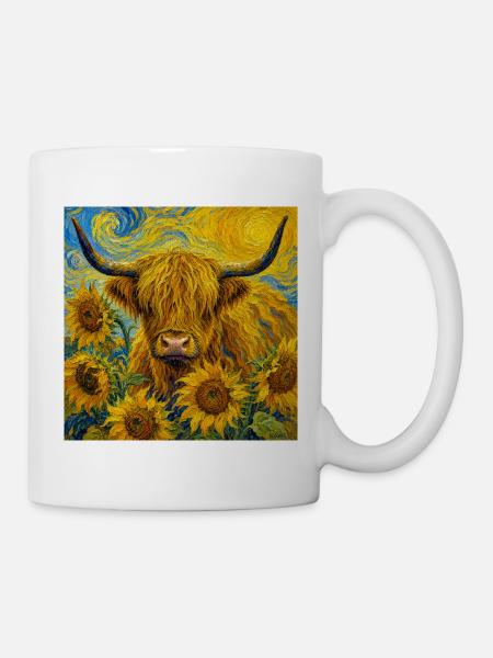 Sonnenige Highland-Kuh in Sonnenblumen - Tasse - Weiß