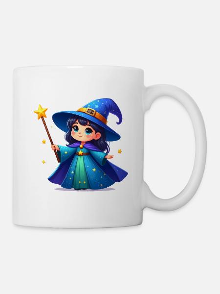 La Petite Sorcière avec une baguette magique – Personnage de bande dessinée Kawaii - Mug blanc - blanc