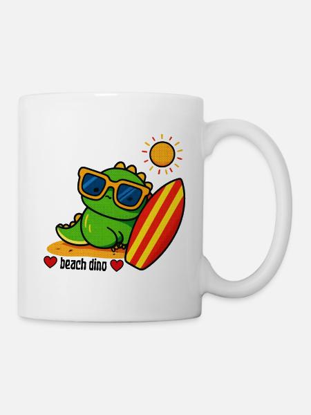 Strand-Dino mit Surfbrett - Tasse - Weiß