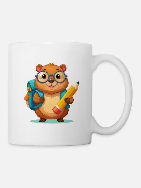 Kawaii Beaver with Glasses & Satchel – Schulanfang - Mug - white