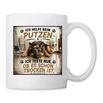 Hund beim Putzen Trockenprobe Shirt - Tasse - Weiß - Rechts
