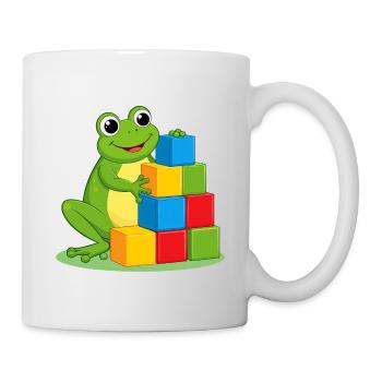 Green cartoon frog playing with colorful building blocks - Mug - white - Right