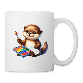 Petite loutre de dessin animé avec pinceau et palette de couleurs - Mug blanc - blanc - Droite