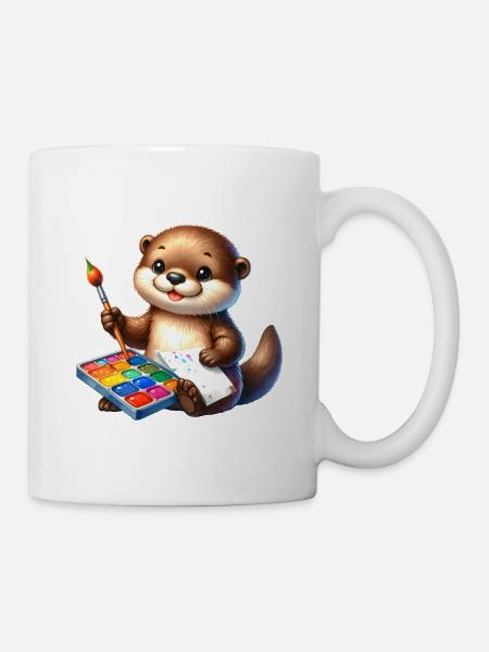 Kleiner Comic-Otter mit Pinsel und Farbpalette - Tasse - Weiß