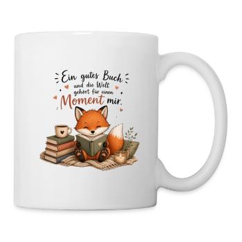 Moment mit Buch: Fuchs genießt Lesen - Tasse - Weiß - Rechts