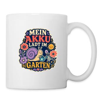 Mein Akku lädt im Garten – Schnecke - Tasse - Weiß - Rechts