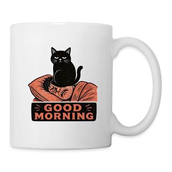Linocut Black Cat Sitting On Face Morning - Mug - white - Right