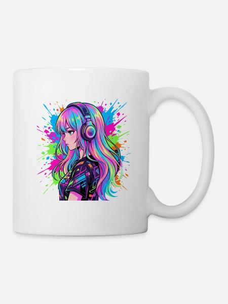 Neon Anime Headphones Portrait - Mug - white