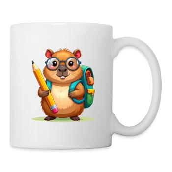 Comic-Biber mit Brille & Schulranzen – Schule - Tasse - Weiß - Rechts