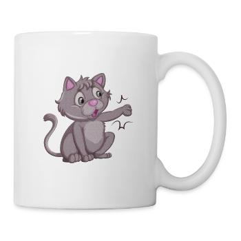 Süße graue Katze zeigt mit der Pfote - Tasse - Weiß - Rechts