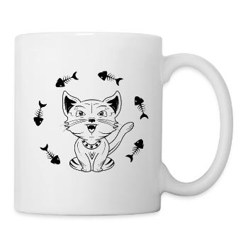 Fröhliche Winkende Katze mit Fischgräten - Tasse - Weiß - Rechts