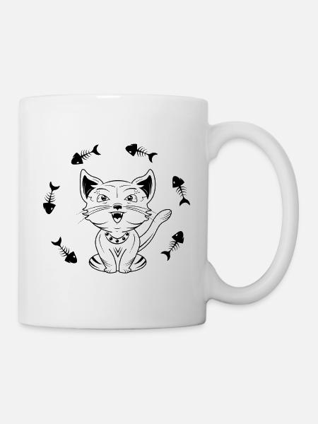 Happy Waving Cat with Fish Bones - Mug - white