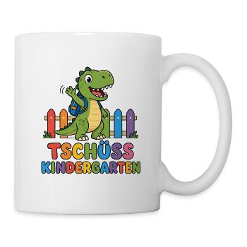 Tschüss Kindergarten – T-Rex mit Rucksack  - Tasse - Weiß - Rechts