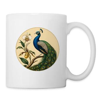 Blauer Pfau auf goldenem Blumenkreis - Tasse - Weiß - Rechts