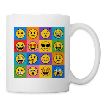 Smilies Grid – 16 bunte Cartoon Gesichter  - Tasse - Weiß - Rechts