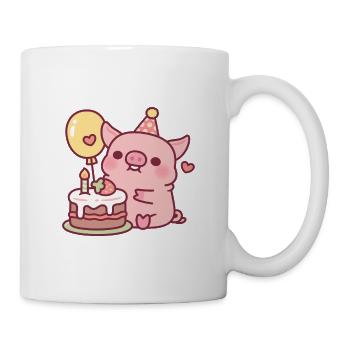 Süßes Schwein mit Geburtstagskuchen und Ballon - Tasse - Weiß - Rechts