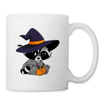 Snuggles der Waschbär mit Halloweensüßigkeiten - Tasse - Weiß - Rechts