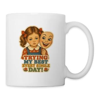 Vintage-trauriges Mädchen versteckt sich hinter einer Lächelmaske - Tasse - Weiß - Rechts