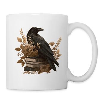 Rabe auf Büchern mit Blumen – Vintage - Tasse - Weiß - Rechts