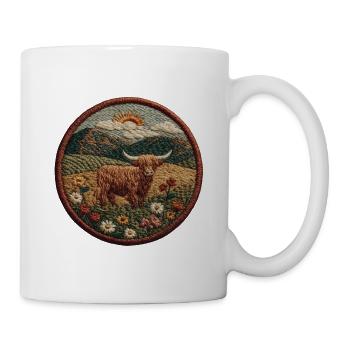 Highland cow patch in mountain landscape - Mug - white - Right