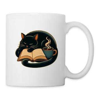 Kuschelkater beim Lesen mit Kaffee - Tasse - Weiß - Rechts