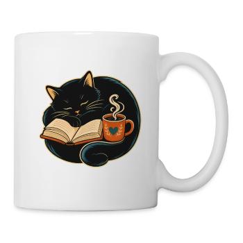 Schlafende Katze beim Lesen & Kaffee - Tasse - Weiß - Rechts