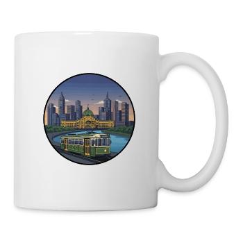 Melbourne City Skyline mit Vintage-Straßenbahn-Aufkleber - Tasse - Weiß - Rechts