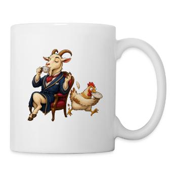 Ziege als Gentleman bei Tee mit hektischem Huhn - Tasse - Weiß - Rechts