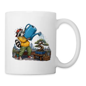 Waschbär gießt Bonsai auf der Dachterrasse Chaos - Tasse - Weiß - Rechts