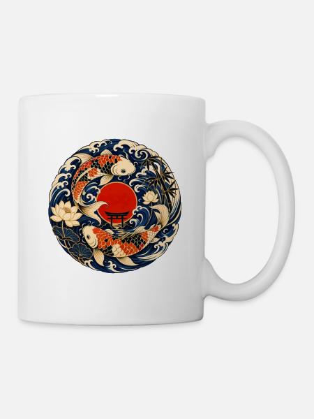 Koi im Mondkreis mit Torii - Tasse - Weiß