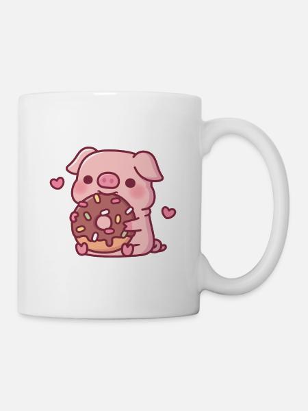 Cochon mignon grignotant un donut au chocolat avec des vermicelles - Mug blanc - blanc
