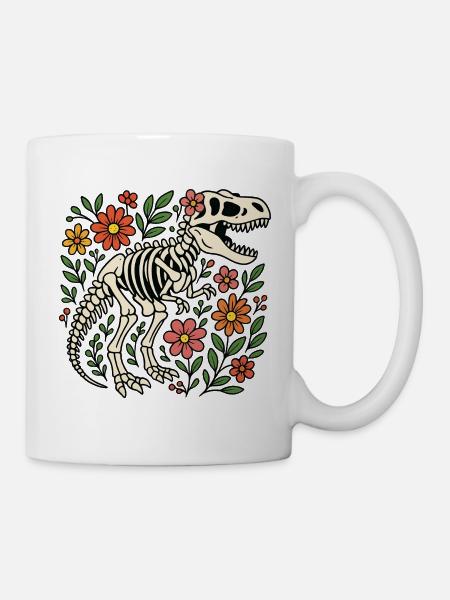 T Rex Skelett mit Blumen - Tasse - Weiß
