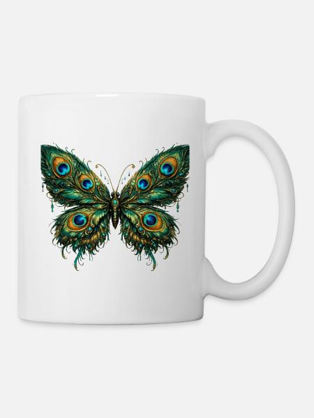 Schmetterling mit Pfauenferdern 3 - Tasse - Weiß
