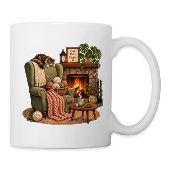 Cuddly knitting time by the fireplace knitting handmade - Mug - white - Right