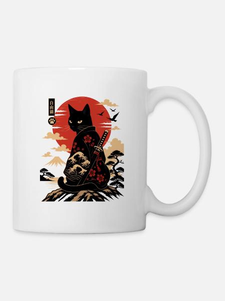Katzen-Samurai am Sonnenuntergang - Tasse - Weiß