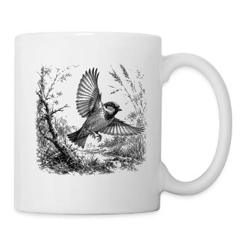 Süßer Spatz im Flug in Natur im Zeichenstil - Tasse - Weiß - Rechts