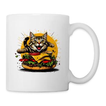 Cat with Big Burger – Funny Fast Food Art - Mug - white - Right