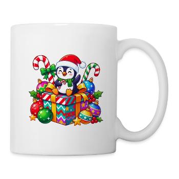 Pinguin-Weihnachtsmann auf bunter Geschenkbox - Tasse - Weiß - Rechts