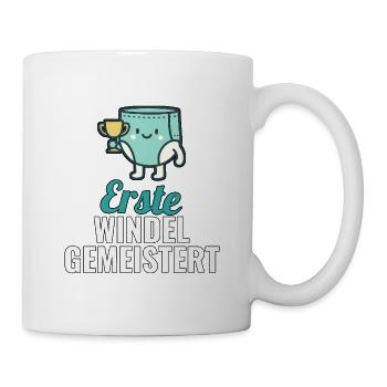 Babyshirt Geschenk: Erste Windel gemeistert - Tasse - Weiß - Rechts
