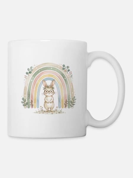 Hase mit Brille unter dem Regenbogen-Aquarell - Tasse - Weiß