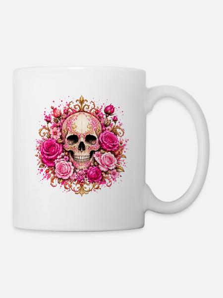 Blumen Totenkopf mit Rosen - Tasse - Weiß