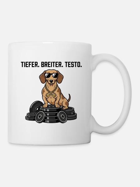 funny Dackel im Fitness - Tiefer Breiter Testo - Tasse - Weiß