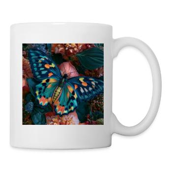 Bunter Schmetterling auf Blumen - Tasse - Weiß - Rechts