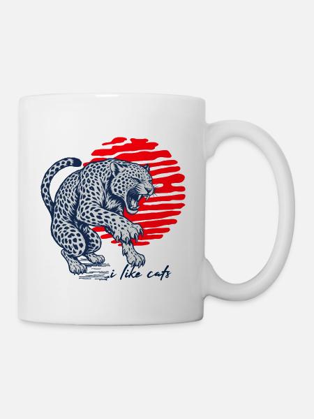 I Like Cats – Vintage Leopard mit roter Sonne - Tasse - Weiß